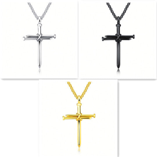 Men's Steel Cross Pendant Necklace – Gold & Black Nail Design