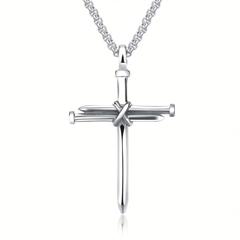 Men's Steel Cross Pendant Necklace – Gold & Black Nail Design