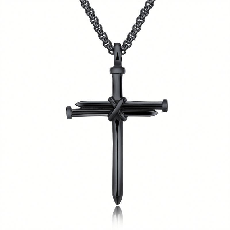 Men's Steel Cross Pendant Necklace – Gold & Black Nail Design