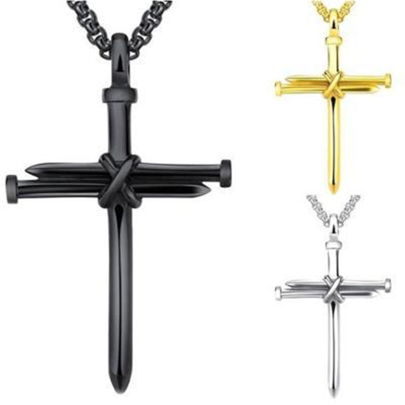 Men's Steel Cross Pendant Necklace – Gold & Black Nail Design