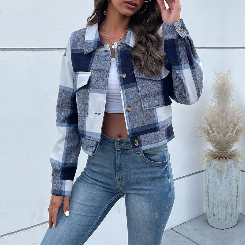 Plaid Cropped Lapel Jacket – Button Up  Coat with Pockets for Women