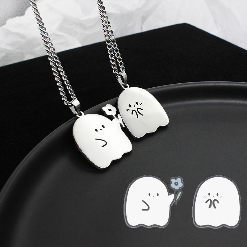 Stainless Steel Ghost & Cat Couple Necklace – Kawaii Pendant