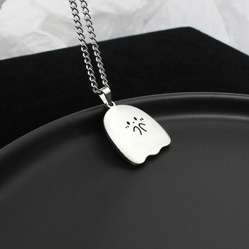 Stainless Steel Ghost & Cat Couple Necklace – Kawaii Pendant