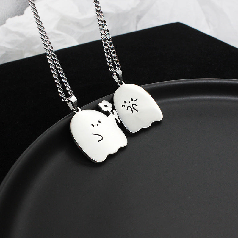 Stainless Steel Ghost & Cat Couple Necklace – Kawaii Pendant