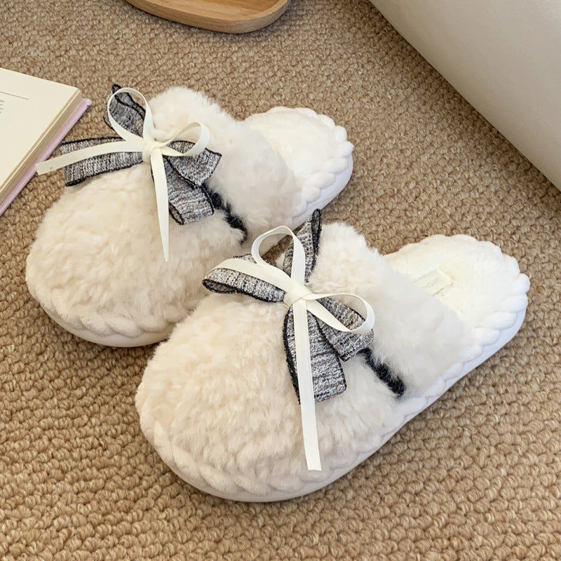 Cozy Bow Tie Plush Slippers – Warm Cotton Indoor Shoes for Women