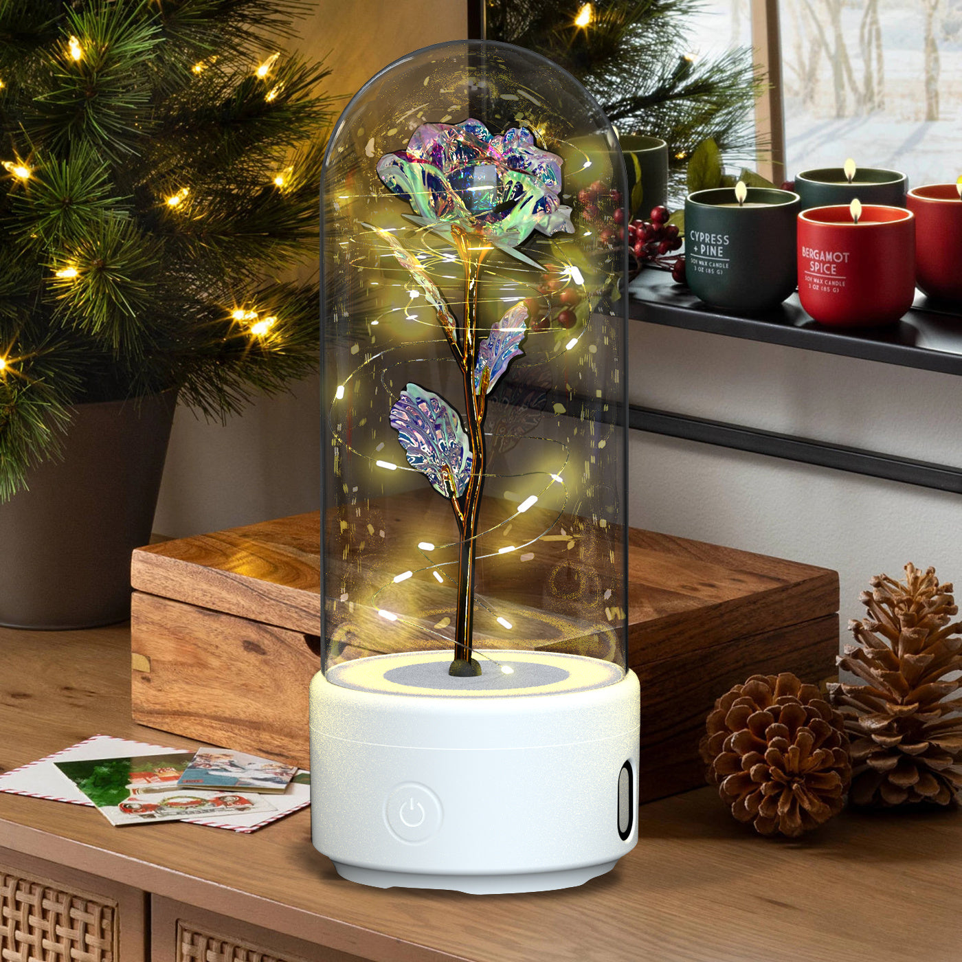 Two in One Rose LED Light & Bluetooth Speaker – Valentine’s Glass Gift