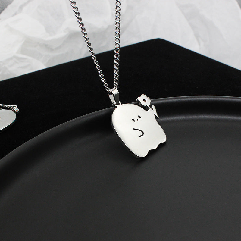 Stainless Steel Ghost & Cat Couple Necklace – Kawaii Pendant