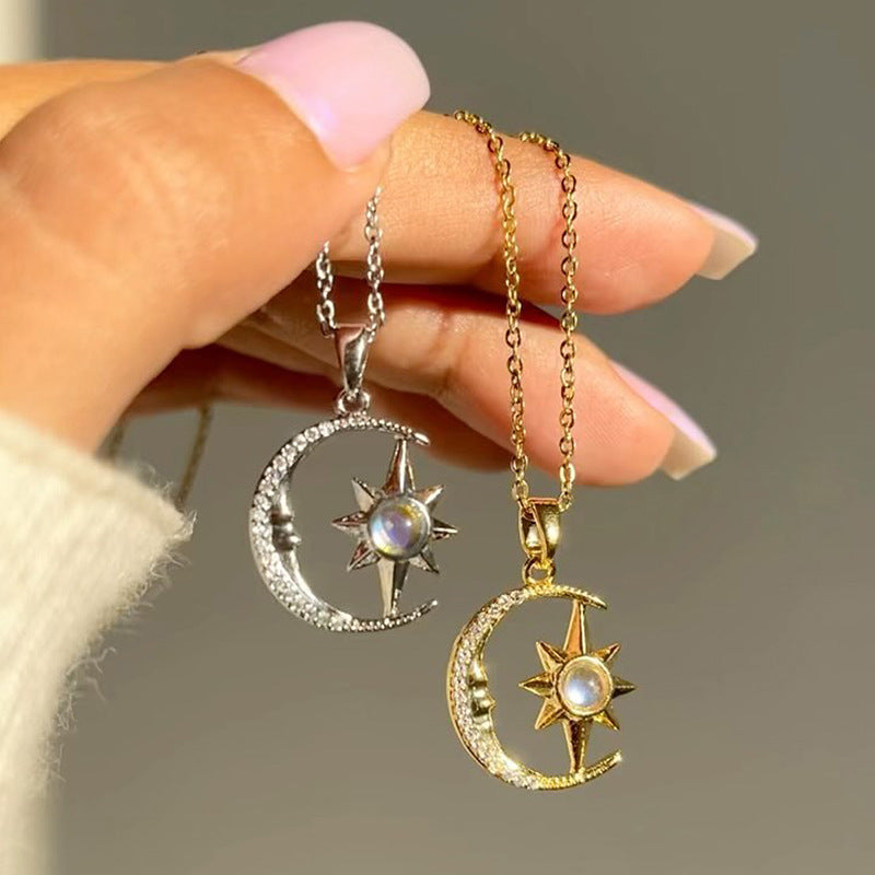 Moon & Star Zircon Pendant Necklace – Elegant Stainless Steel Choker